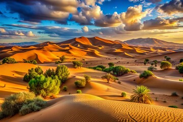 Panoramic Sand Dune Landscape at Mhamid el Ghizlane Desert Camp in Morocco, Capturing Natural Beauty and Serenity