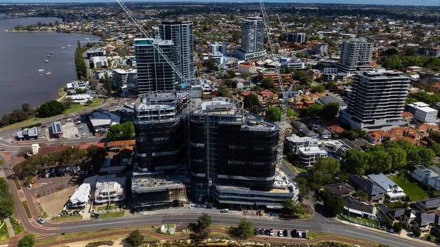 4k Aerial Drone Timelapse of Luxury swan river Perth Riviere Applecross, Edge Visionary Living, Finder Apartments under construction, Mt Pleasant Applecross Perth, Western Australia