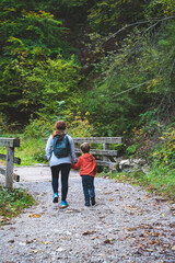 mood, life, holding, hike, fun, beautiful, backpack, adventure, autumn, colors, fall, forest, footpath, children, joy, hoodie, boy and girl, lovely, daughter, care, kid, vacation, hiking, walk, family