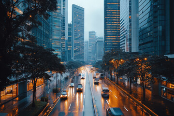 Obraz premium Cityscape at Dusk Showing Urban Traffic 