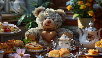 A teddy bear holding a heart placed on a table with a tea set and fresh pastries creating a cozy tea party scene