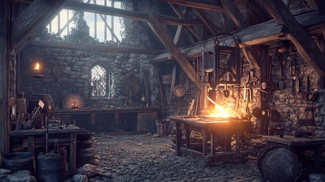 Medieval Blacksmith Workshop with Forge and Tools - 3D Render.