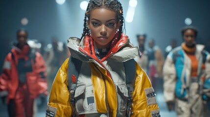 A fashion show is held with models showcasing outfits made from recycled clothes on the runway, promoting innovative and sustainable fashion.