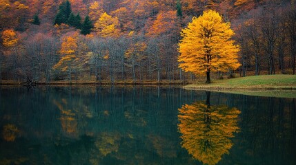 Vibrant Autumn Tree Reflecting on Calm Water