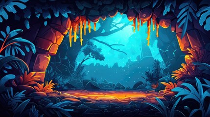 Obraz premium A View of a Cave Opening in a Lush, Dark Forest