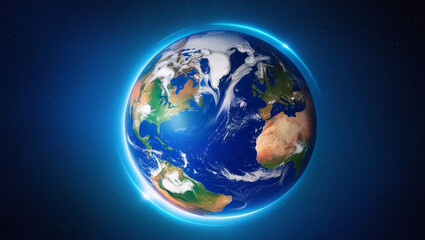 Fototapeta premium Stunning Digital Illustration of Earth from Space, Showcasing Vibrant Oceans, Landmasses, and Cloud Formations Against a Dark Starry Background, Enhanced by a Glowing Blue Halo