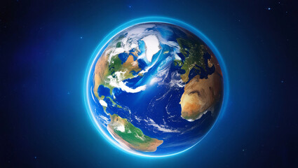 Fototapeta premium Stunning Digital Illustration of Earth from Space, Showcasing Vibrant Oceans, Landmasses, and Cloud Formations Against a Dark Starry Background, Enhanced by a Glowing Blue Halo