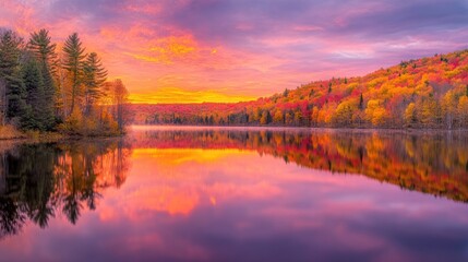 Obraz premium Serene Autumn Sunset Over a Tranquil Lake