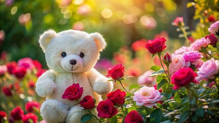 Fototapeta premium Adorable White Teddy Bear Surrounded by Beautiful Roses for Romantic Decor