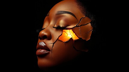 The Glow Within: A woman with dark skin, her face partially cracked and glowing with inner light, exudes strength and resilience.