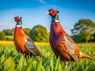 Fototapeta premium Adult Male and Female Pheasants in Agricultural Field - Vibrant Wildlife Scene for Nature Lovers