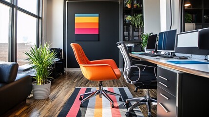 Modern Office Interior With Vibrant Orange Chair and Artwork