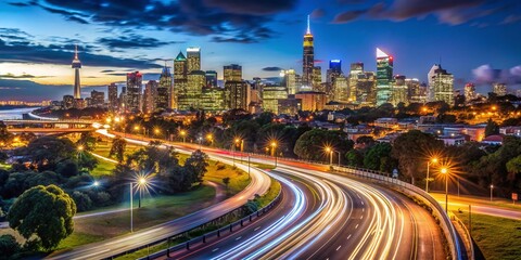 Obraz premium Aerial Nighttime Hyperlapse of Sydney Skyline with Traffic and Landing Planes