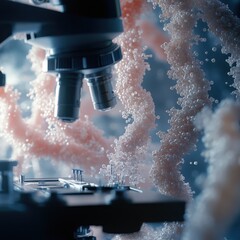 Fototapeta premium Closeup of a Microscope Lens Focused on a Cluster of White and Pink Spheres, Representing Scientific Research and Discovery.