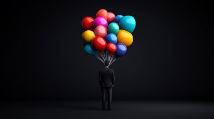 Unburdened by Expectations: A solitary figure in a suit, shrouded in darkness, walks away with a cluster of colorful balloons, symbolizing a release from burdens and a fresh start.