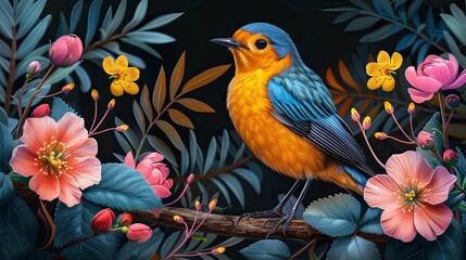 Fototapeta premium Elegant colored bird with plants and flowers on a black background. vector illustration