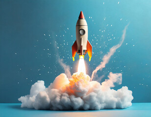 A colorful rocket launches from a cloud of smoke against a bright blue background
