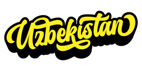 Uzbekistan country name written in retro groovy three-dimensional script lettering