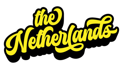 The Netherlands country name written in retro groovy three-dimensional script lettering