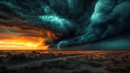 Fototapeta premium A powerful storm cell developing over a flat plain, with a single tumbleweed rolling across the dusty ground. The dark clouds loom low, and flashes of distant lightning illuminate the dramatic sky.