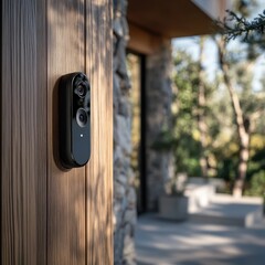 Modern Smart Doorbell Camera Installed on Wooden Wall with Blurred Background of Green Trees and Stone Wall.