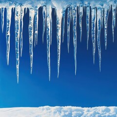 Icicles Hanging Against a Bright Blue Sky in Winter, Frosty Background