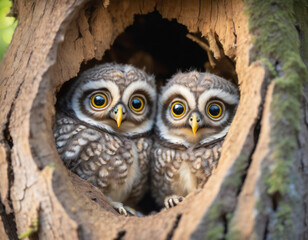 Two adorable baby owls peeking out from a tree hollow in a lush forest during daytime