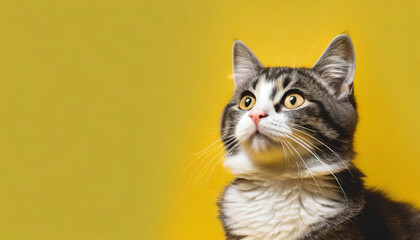 A curious cat gazes attentively against a bright yellow background in a cozy indoor setting