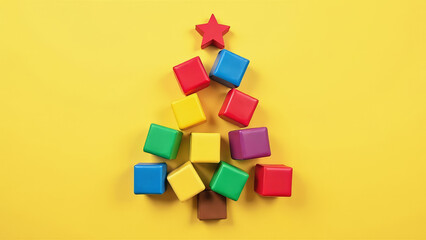Obraz premium Christmas tree made of colored wooden cubes for children's development on a yellow background. Christmas and New Year concept.