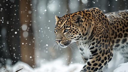 Majestic Amur Leopard Walking Through Snow in Winter Forest.