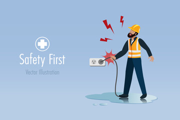 Electric shock at construction site. Worker touch electronic plug on wet floor causes electric shock accident. Safety first, carelessly and accident caution at construction site. Vector.