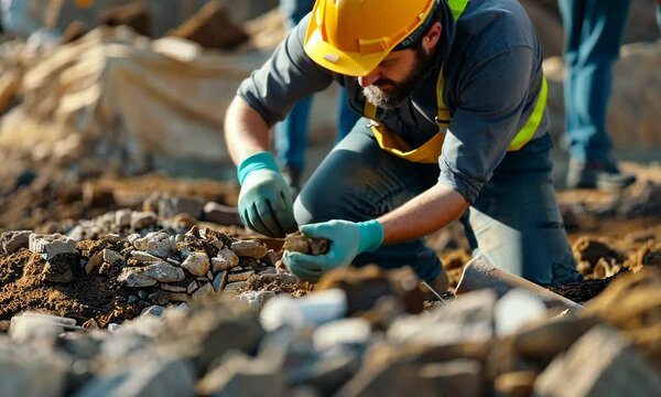 A man in a yellow helmet and a yellow apron is digging in the dirt Video
