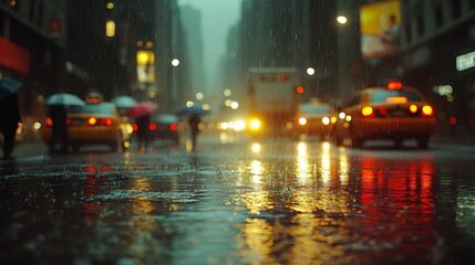 A rainy night in the city, with heavy rain falling on a bustling street, wind pushing the rain sideways, and reflections of streetlights shimmering on the wet asphalt. People huddle under umbrellas,