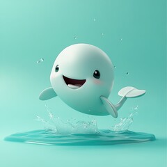 Cute Cartoon Whale Jumping Out of Water with Splash, Turquoise Background, 3D Illustration.