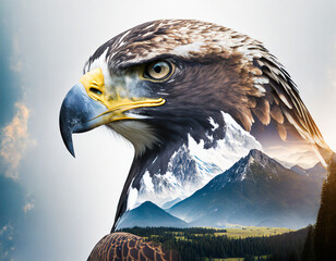 A majestic eagle with a stunning mountain landscape superimposed in its profile during daylight