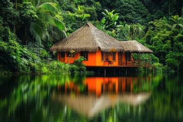 A small house with a thatched roof sits on a wooden platform in front of a lake, generative ai image