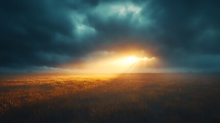 A realistic depiction of a sunbeam breaking through heavy storm clouds, casting rays onto a rain-soaked meadow. The wet grass glistens under the light, and the clouds swirl dramatically in the sky.