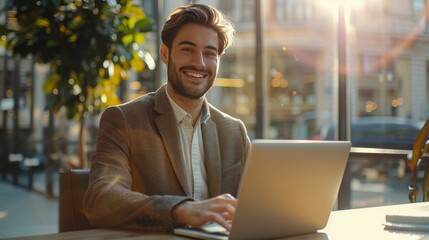 Fototapeta premium A happy office worker smiling brightly, typing on a laptop at a modern office desk.