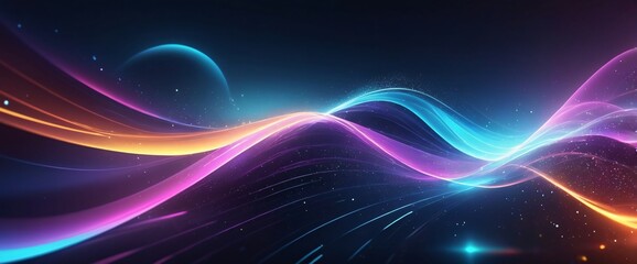 Fototapeta premium A futuristic cyber-themed background with dynamic, glowing waves of color and sparkling effects. The smooth, gradient surface and defocused elements create a sense of speed and movement, making it per