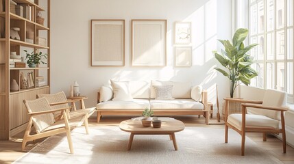 Fototapeta premium A modern, minimalist living room featuring light wood furniture, soft textiles, and natural light flooding in from large windows.