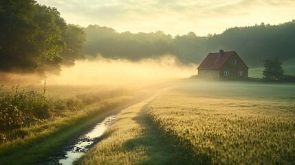 Fototapeta premium A serene morning scene in a foggy countryside, mist clinging to the wet ground and rolling over a small farmhouse in the distance. The sunlight starts to filter through the fog,