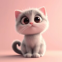 Adorable 3D Cartoon Kitten with Big Eyes and Pink Nose on a Pink Background.