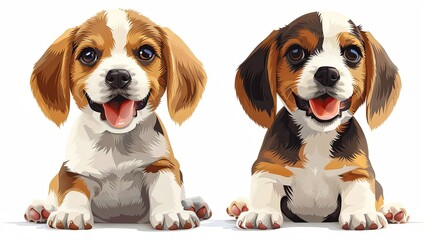Dog friends. Cute puppies with happy playful and straight neutral expressions, emotions. Two Beagle in different pose. Funny pets, canine animals. Flat vector illustration isolated on white background