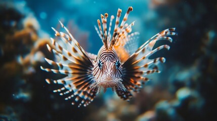 A mesmerizing lionfish swims gracefully in vibrant coral waters, showcasing its striking fins and colors in stunning detail and beauty.