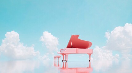 A whimsical pink piano floats above clouds in a bright blue sky, creating a serene and imaginative atmosphere.