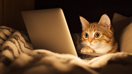 eine katze die auf dem bett liegt und laptop guckt