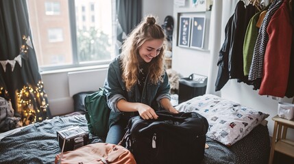 Young Student Unpacking Belongings in Cozy College Dorm Room