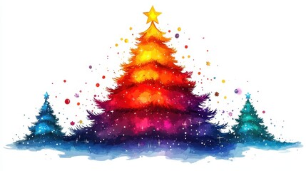 Vibrant Christmas trees illustrated in a colorful, festive watercolor style.
