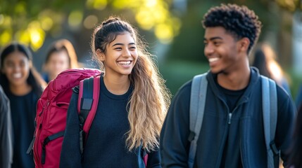 International Students Walking and Talking on Campus Outdoors