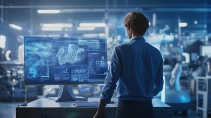 A focused individual examines data on a large screen in a modern tech workspace, exploring innovative solutions and advanced technology.